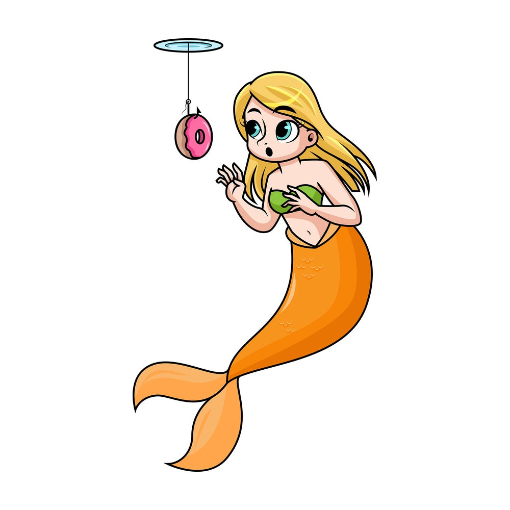 Mermaid lured to donut on fish hook. PNG - JPG and vector EPS file formats (infinitely scalable). Image isolated on transparent background.