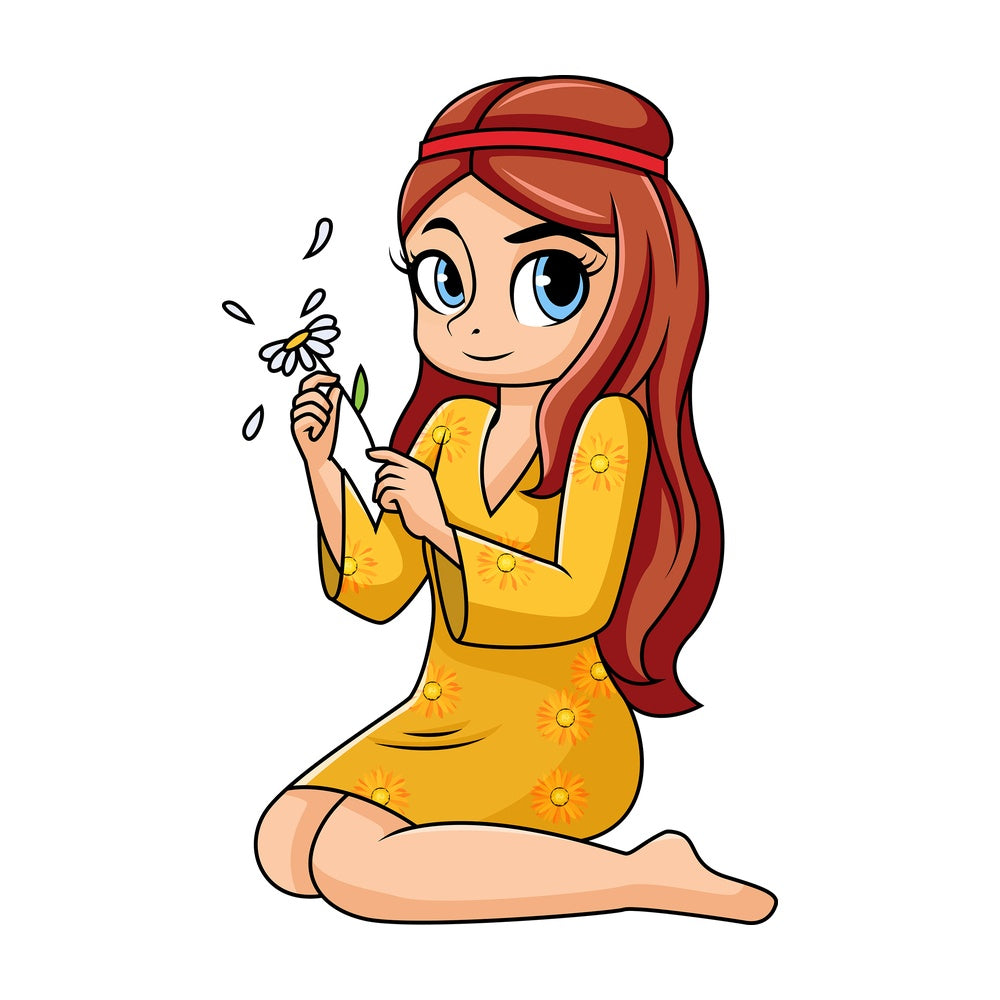 Girl picking petals off daisy. PNG - JPG and vector EPS file formats (infinitely scalable). Image isolated on transparent background.