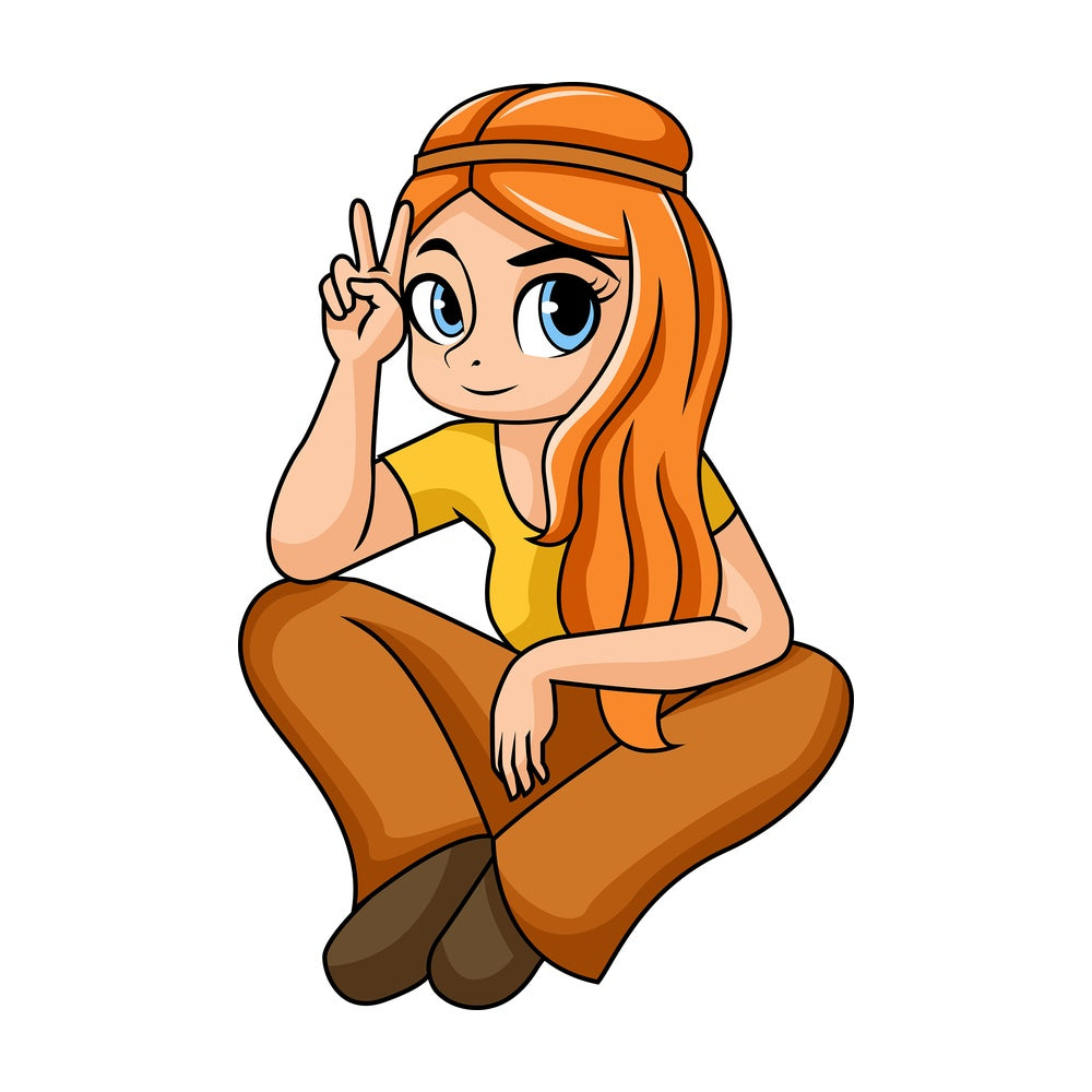 Female flower child peace sign. PNG - JPG and vector EPS file formats (infinitely scalable). Image isolated on transparent background.