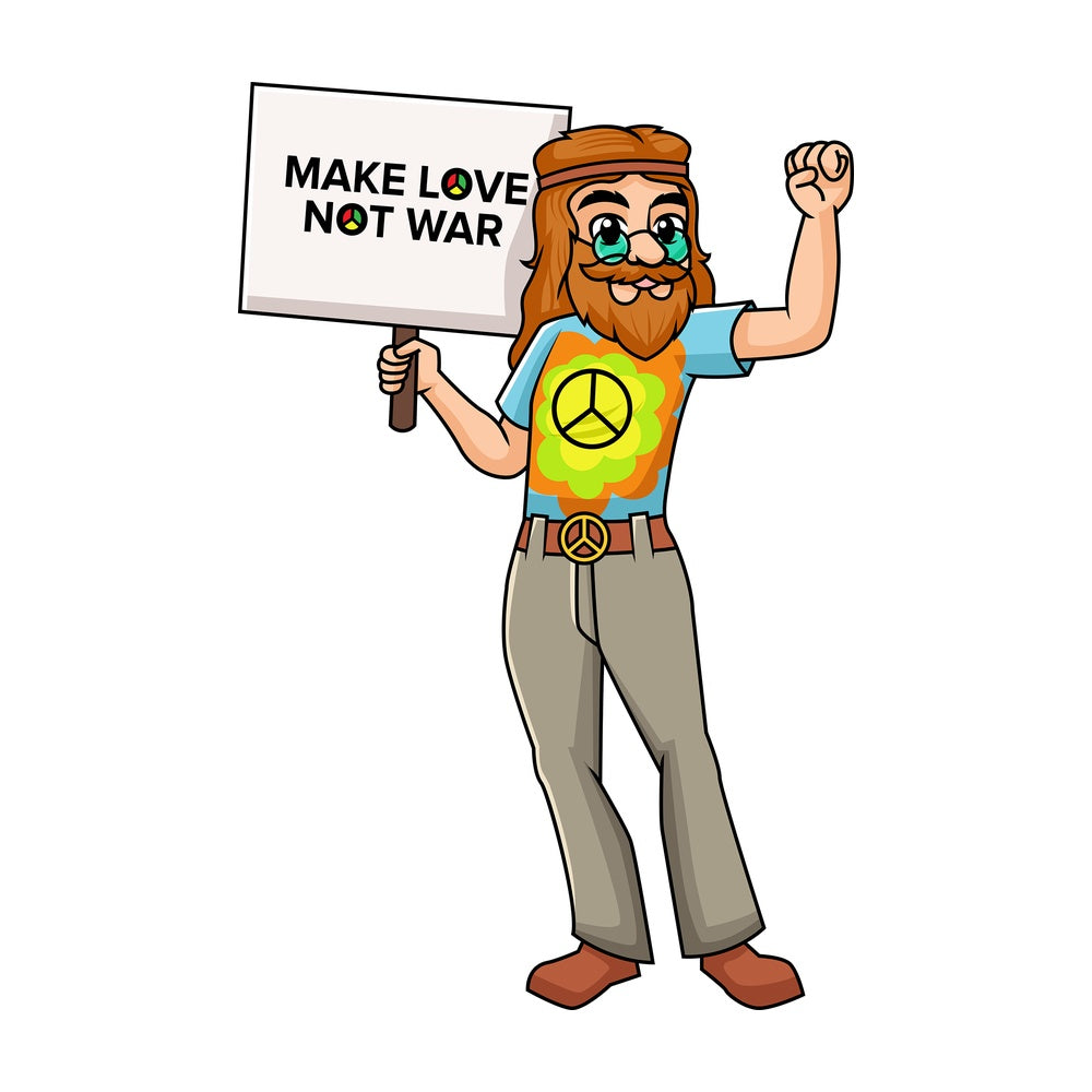 Hippie holding make love not war sign. PNG - JPG and vector EPS file formats (infinitely scalable). Image isolated on transparent background.