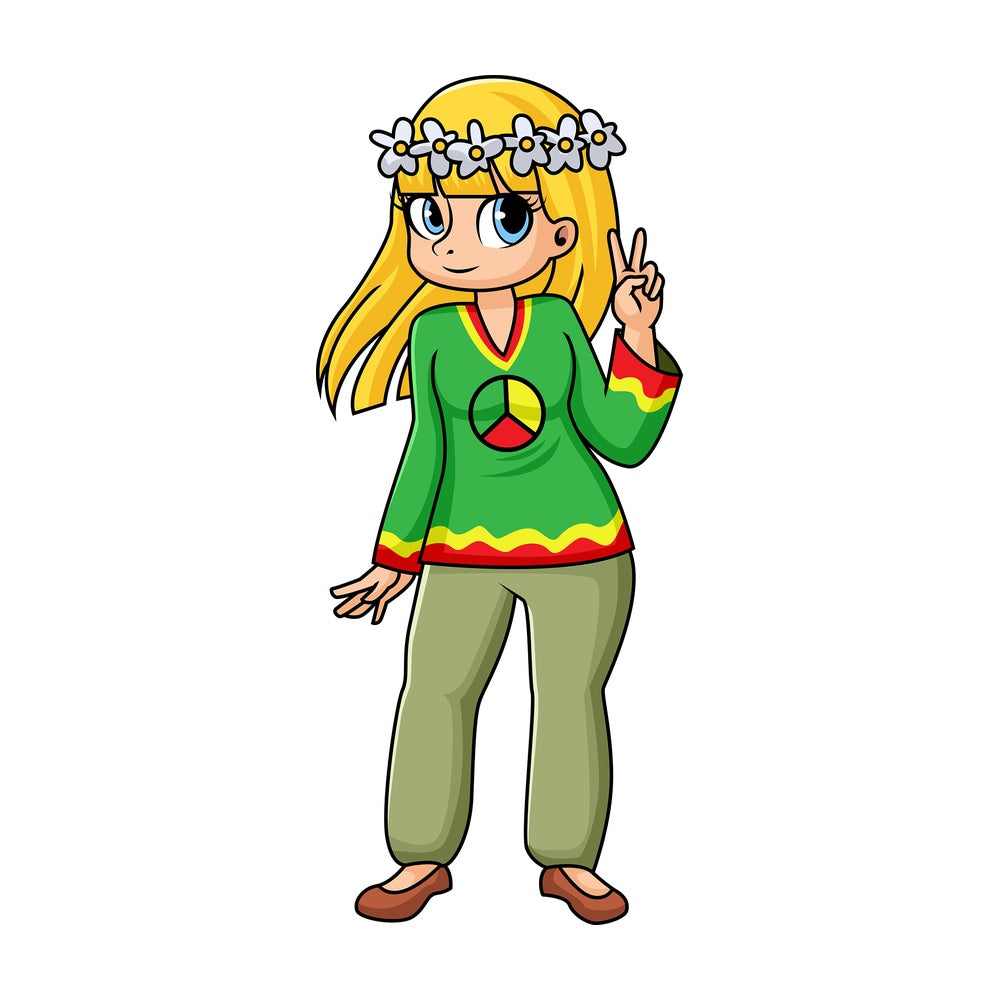 Hippie girl wearing flower halo. PNG - JPG and vector EPS file formats (infinitely scalable). Image isolated on transparent background.