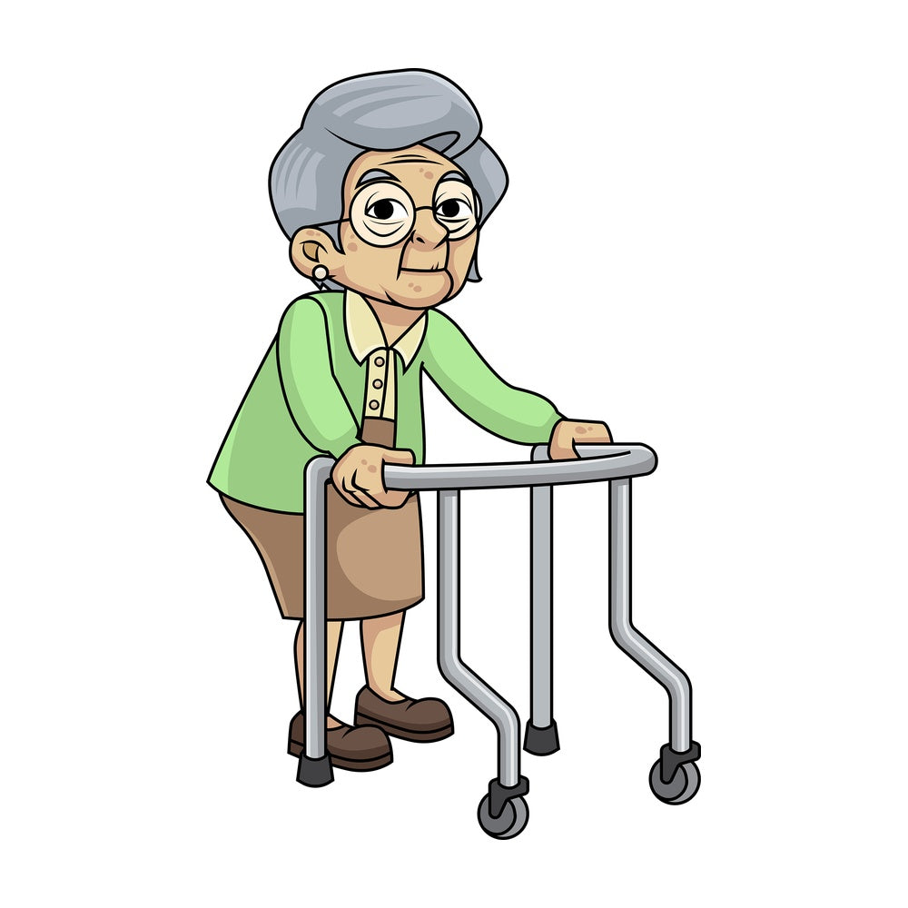 Frail old woman with walker. PNG - JPG and vector EPS file formats (infinitely scalable). Image isolated on transparent background.