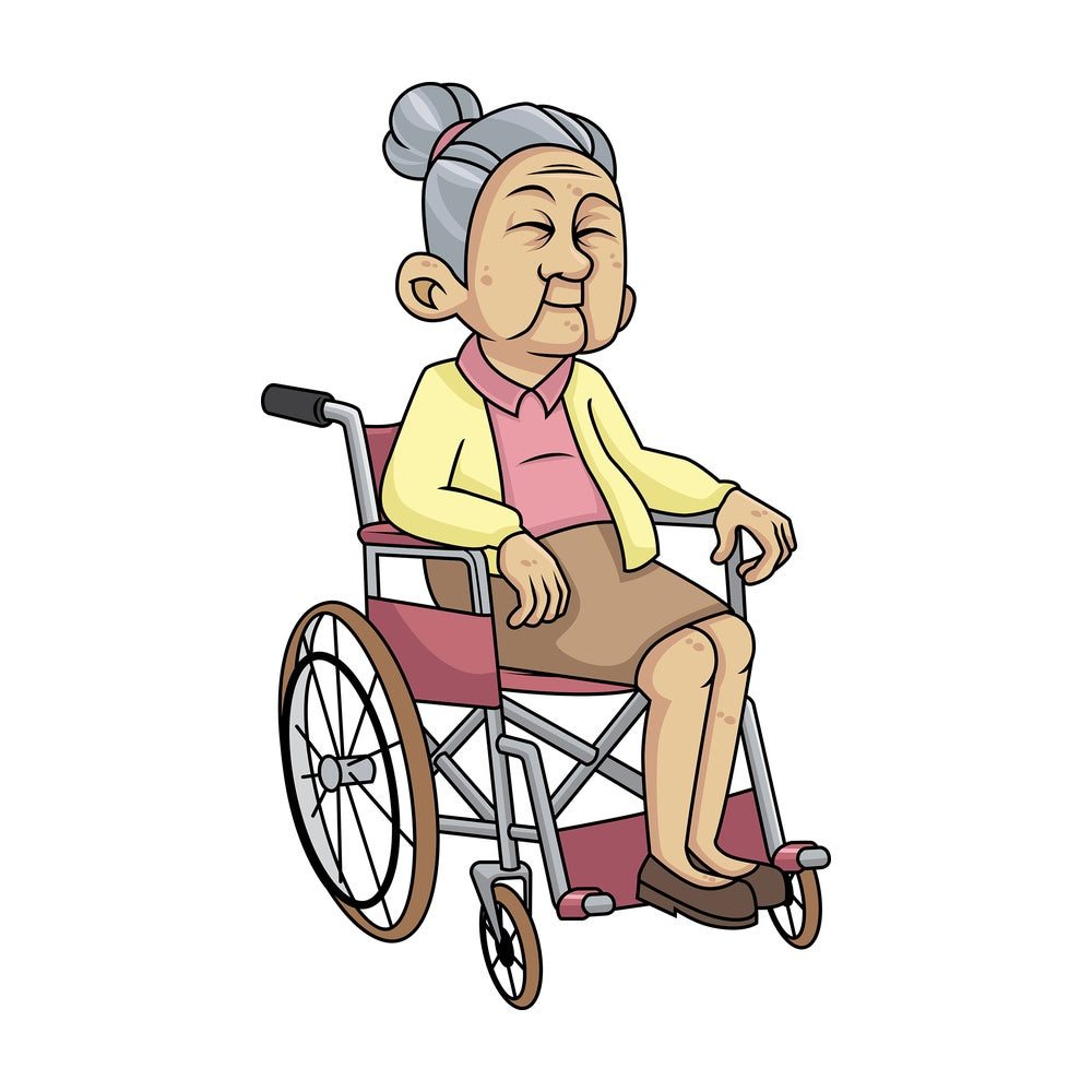 Disabled old woman in wheelchair. PNG - JPG and vector EPS file formats (infinitely scalable). Image isolated on transparent background.