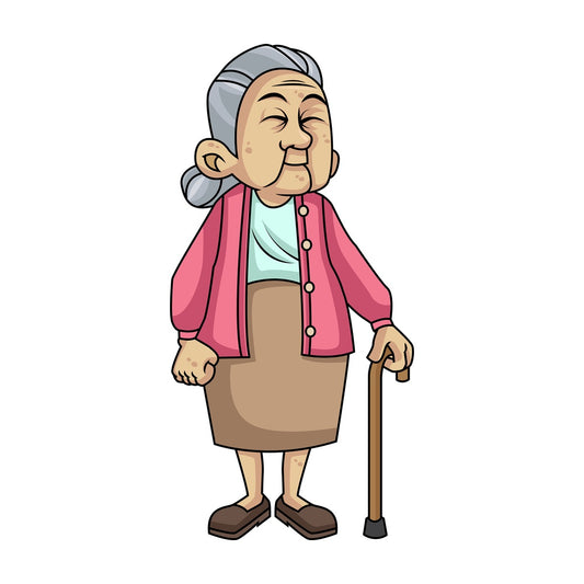 Caring old woman with walking stick. PNG - JPG and vector EPS file formats (infinitely scalable). Image isolated on transparent background.