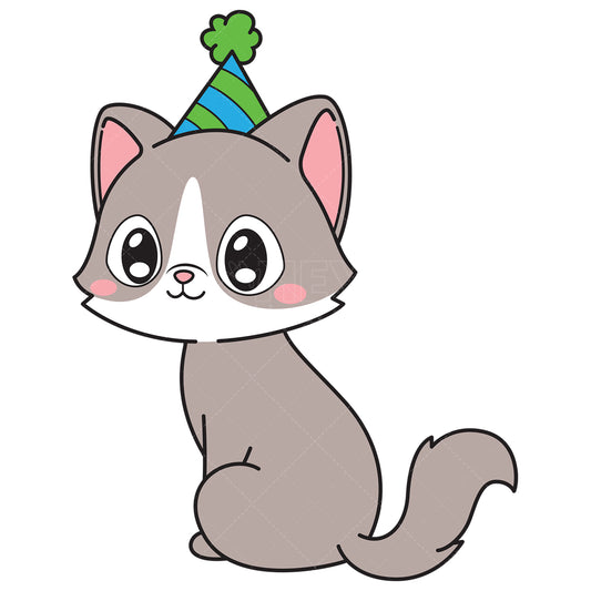 Royalty-free vector illustration of a birthday cat looking over its shoulder.