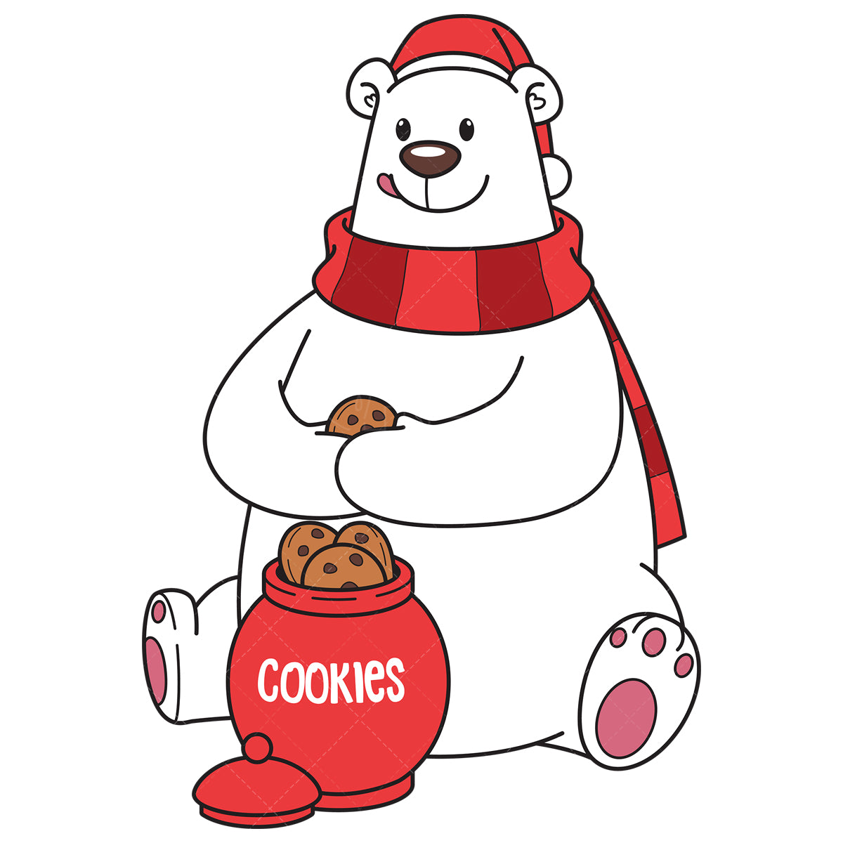 Royalty-free vector illustration of a christmas polar bear eating cookies from jar.