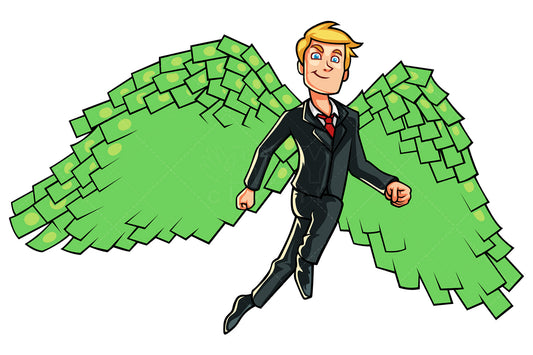 Royalty-free stock vector illustration of a flying businessman with money wings.
