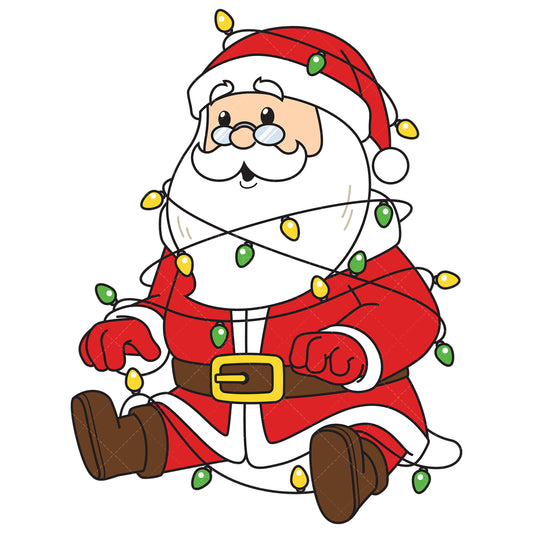 Royalty-free vector illustration of a santa claus tangled in christmas lights.