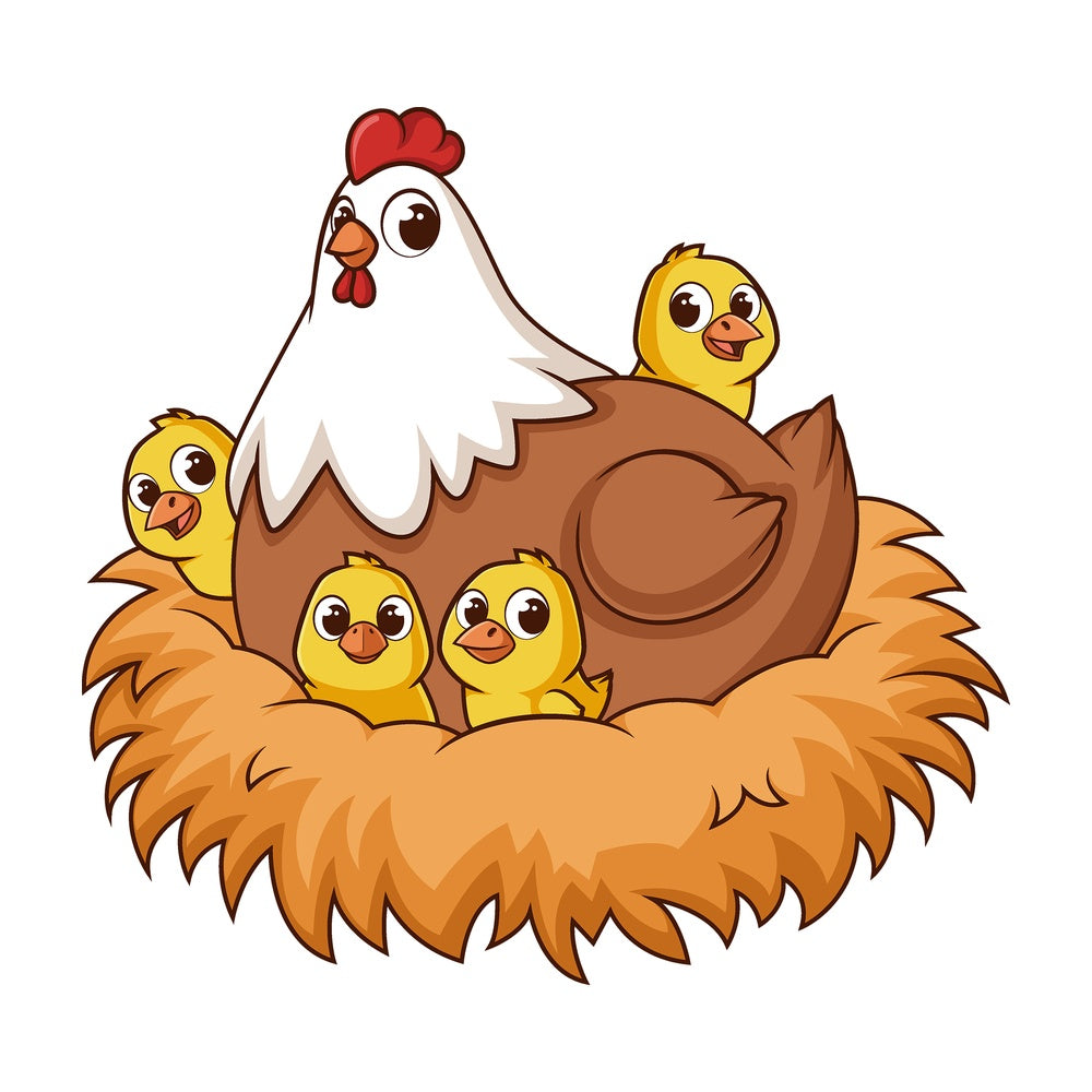 Cartoon hen with chickens in nest. PNG - JPG and vector EPS file formats (infinitely scalable). Image isolated on transparent background.