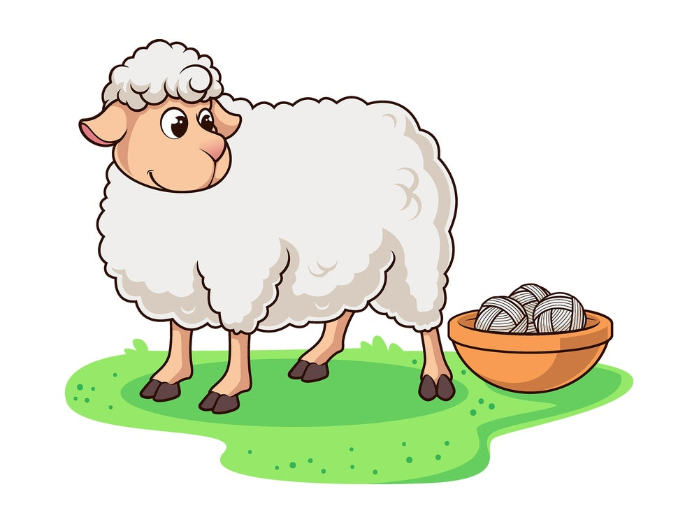 Cartoon sheep next to basket of wool. PNG - JPG and vector EPS file formats (infinitely scalable). Image isolated on transparent background.