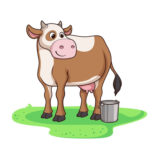 Cartoon cow next to bucket full of milk. PNG - JPG and vector EPS file formats (infinitely scalable). Image isolated on transparent background.