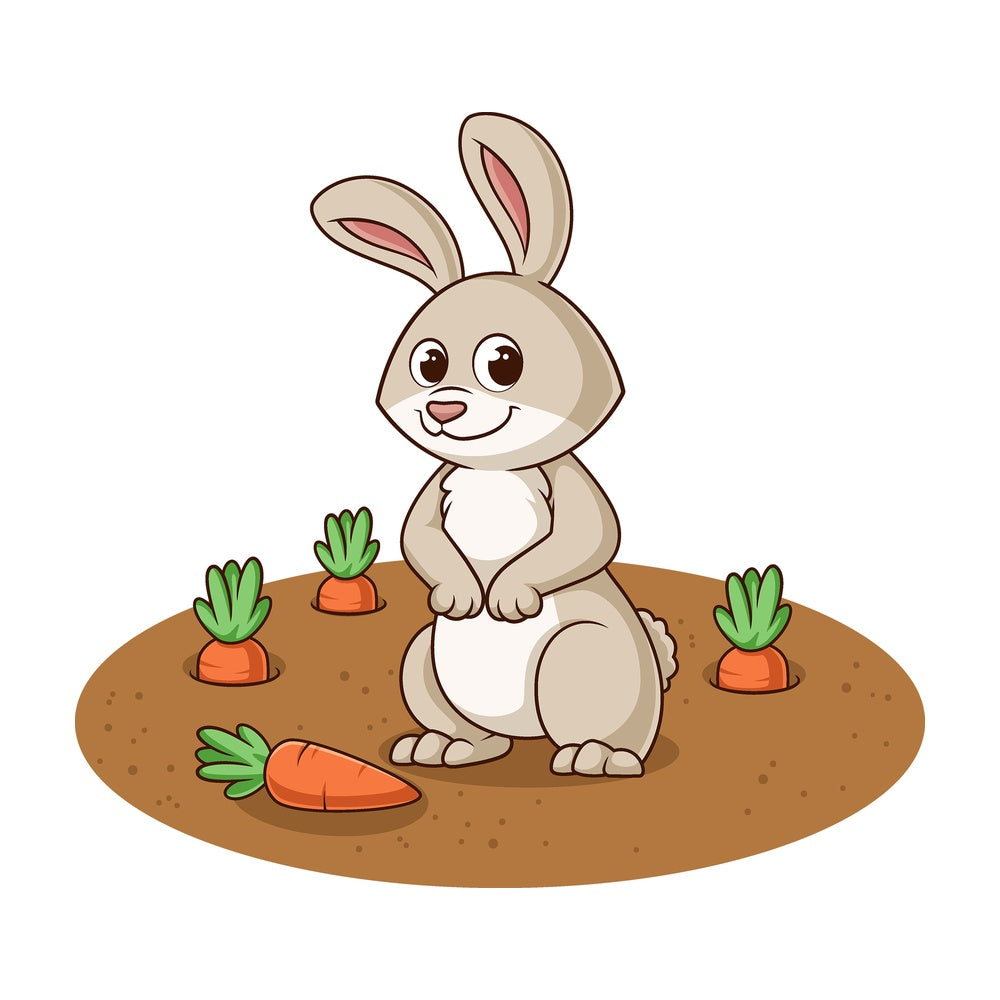Cartoon rabbit in field with carrots. PNG - JPG and vector EPS file formats (infinitely scalable). Image isolated on transparent background.
