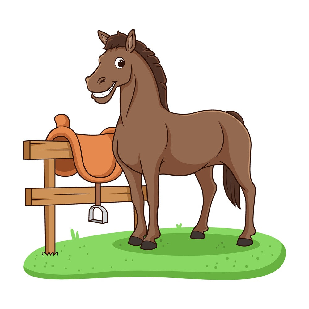 Cartoon horse next to saddle. PNG - JPG and vector EPS file formats (infinitely scalable). Image isolated on transparent background.