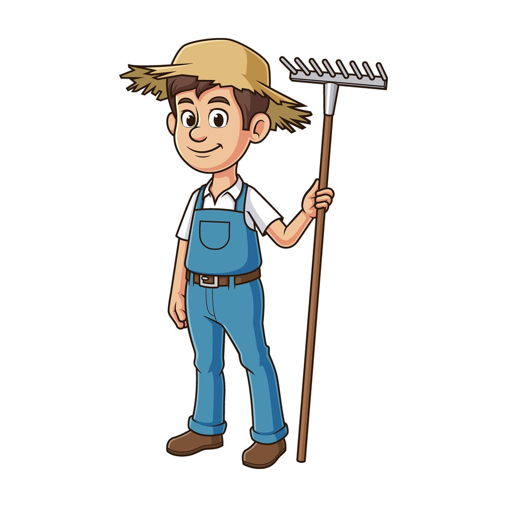 Cartoon farmer holding rake. PNG - JPG and vector EPS file formats (infinitely scalable). Image isolated on transparent background.