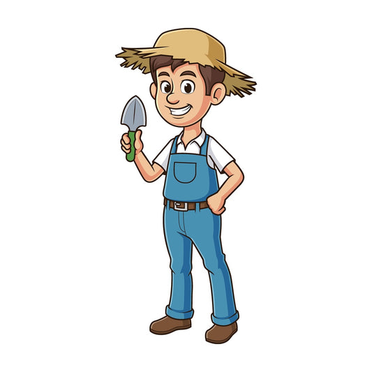Cartoon farmer holding spade fork. PNG - JPG and vector EPS file formats (infinitely scalable). Image isolated on transparent background.