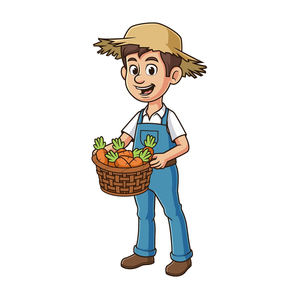 Cartoon farmer holding carrots. PNG - JPG and vector EPS file formats (infinitely scalable). Image isolated on transparent background.