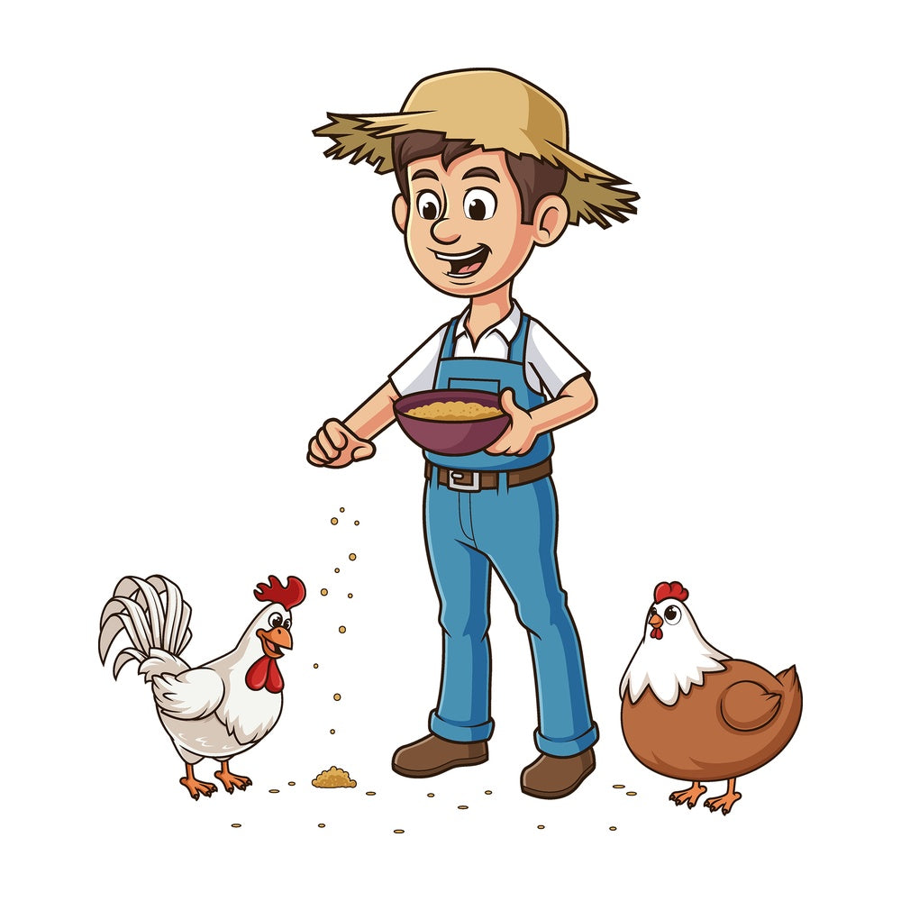 Cartoon farmer feeding chicken and hen. PNG - JPG and vector EPS file formats (infinitely scalable). Image isolated on transparent background.
