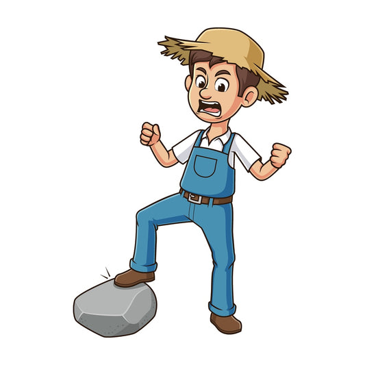 Cartoon angry farmer kicking stone. PNG - JPG and vector EPS file formats (infinitely scalable). Image isolated on transparent background.