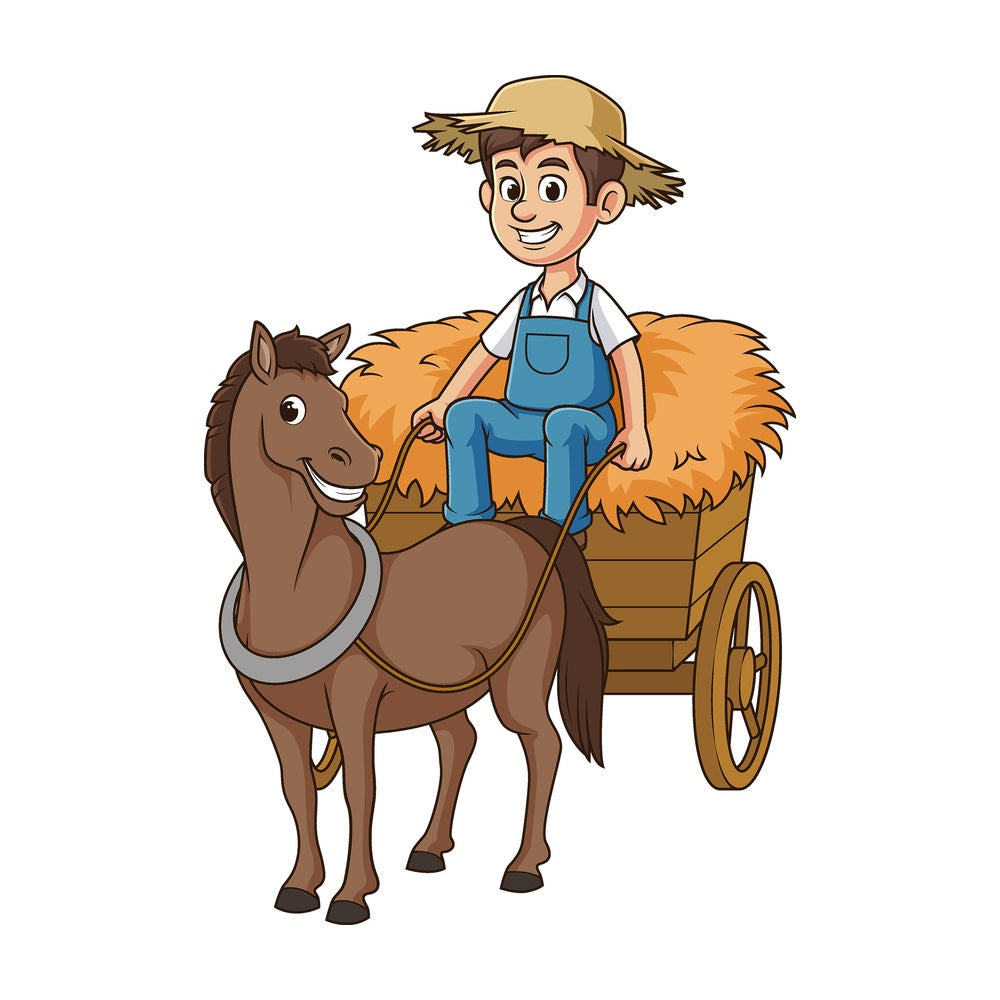 Cartoon farmer on horse wagon. PNG - JPG and vector EPS file formats (infinitely scalable). Image isolated on transparent background.