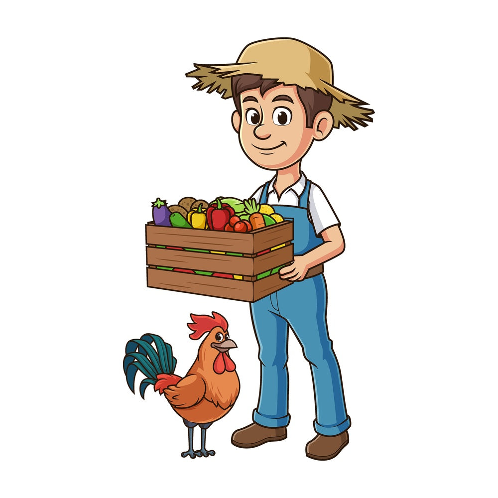 Cartoon male farmer standing next to rooster. PNG - JPG and vector EPS file formats (infinitely scalable). Image isolated on transparent background.