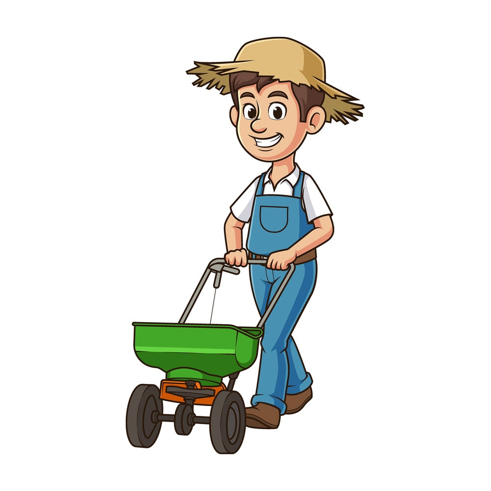 Cartoon man using fertilizer spreader. PNG - JPG and vector EPS file formats (infinitely scalable). Image isolated on transparent background.