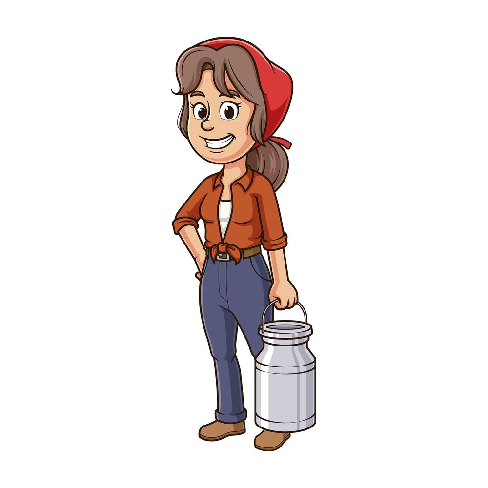 Cartoon female farmer holding milk container. PNG - JPG and vector EPS file formats (infinitely scalable). Image isolated on transparent background.