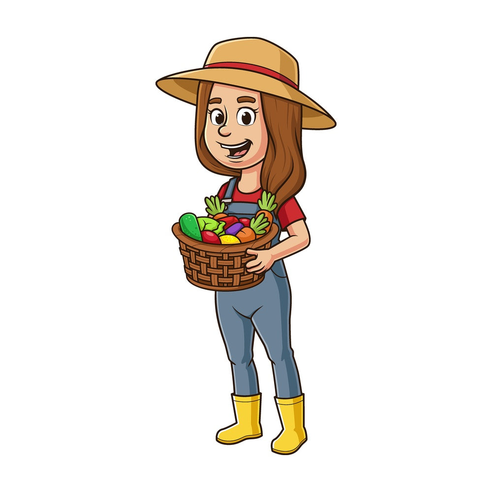 Cartoon female farmer holding vegetables. PNG - JPG and vector EPS file formats (infinitely scalable). Image isolated on transparent background.