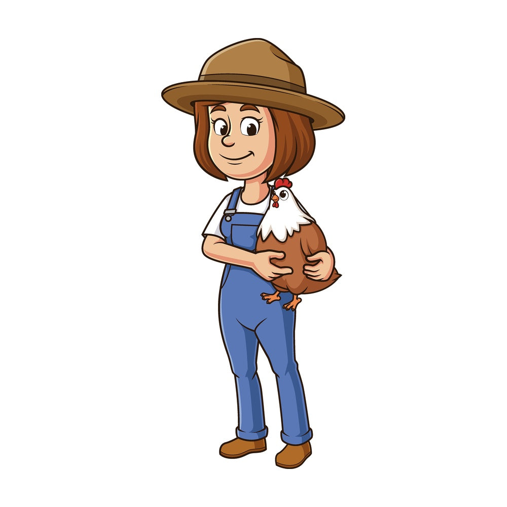 Cartoon female farmer holding hen. PNG - JPG and vector EPS file formats (infinitely scalable). Image isolated on transparent background.
