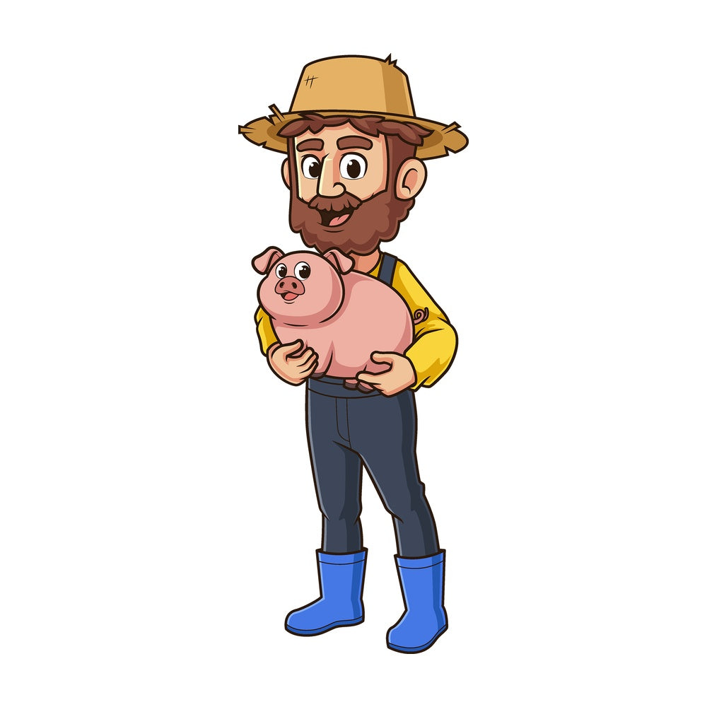 Cartoon male farmer holding pig in his arms. PNG - JPG and vector EPS file formats (infinitely scalable). Image isolated on transparent background.
