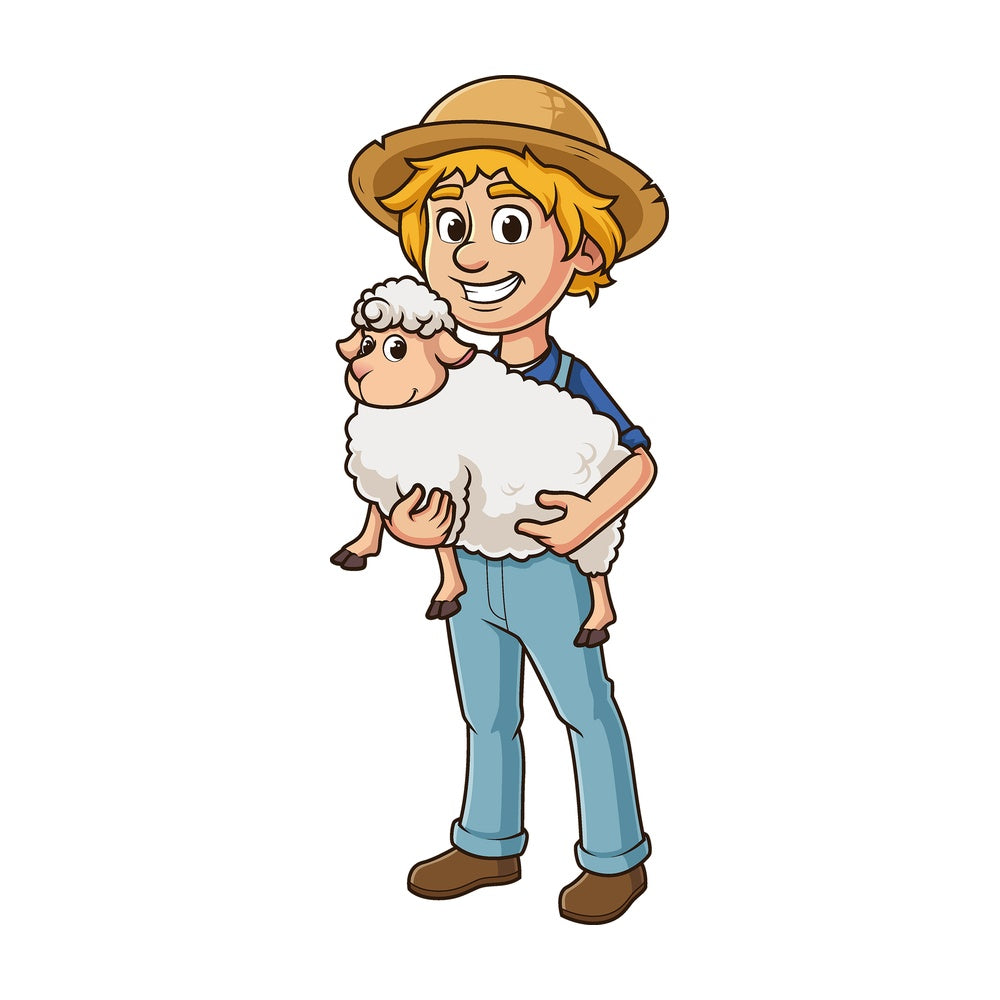 Cartoon male farmer holding sheep in his arms. PNG - JPG and vector EPS file formats (infinitely scalable). Image isolated on transparent background.