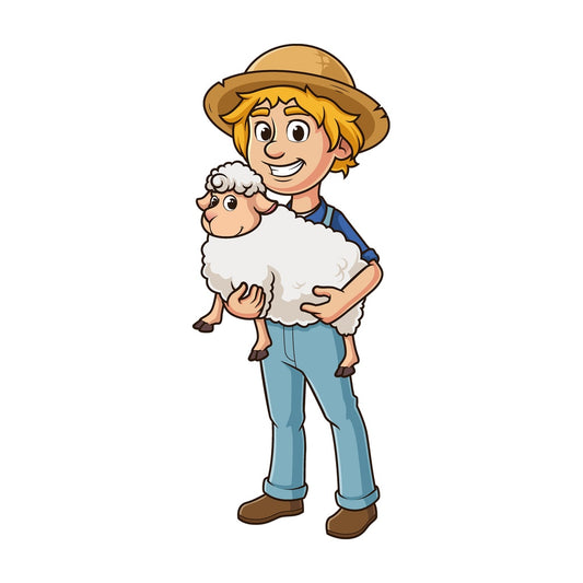 Cartoon male farmer holding sheep in his arms. PNG - JPG and vector EPS file formats (infinitely scalable). Image isolated on transparent background.
