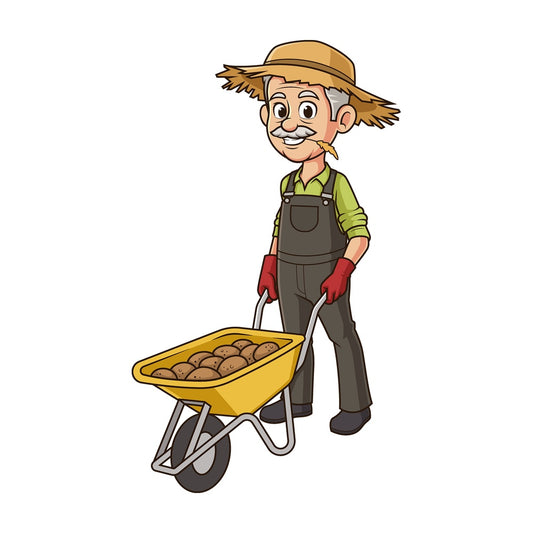 Cartoon old farmer pushing wheelbarrow. PNG - JPG and vector EPS file formats (infinitely scalable). Image isolated on transparent background.