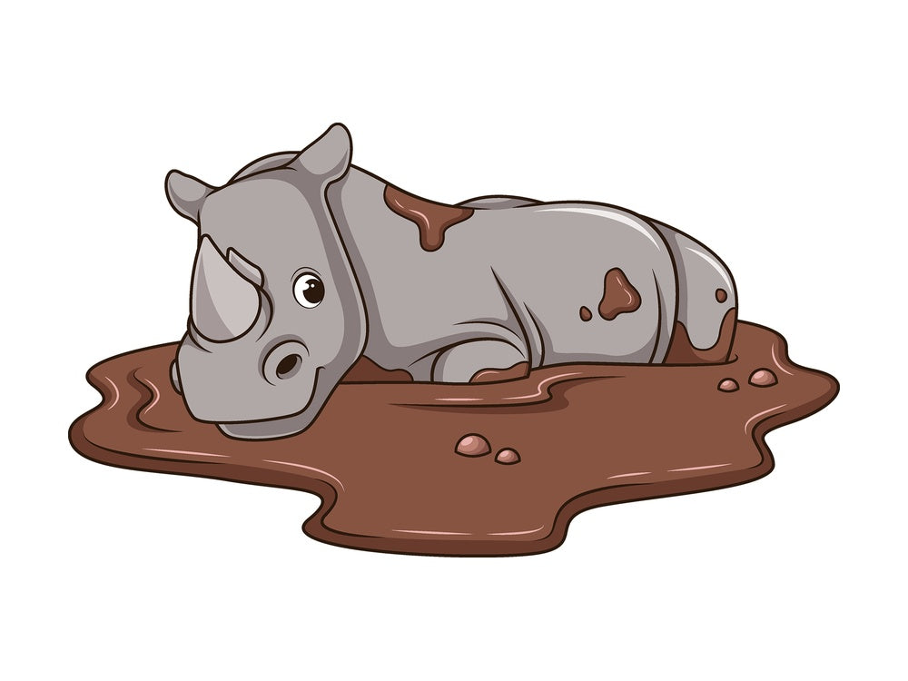Cartoon white rhino lying in mud. PNG - JPG and vector EPS file formats (infinitely scalable). Image isolated on transparent background.