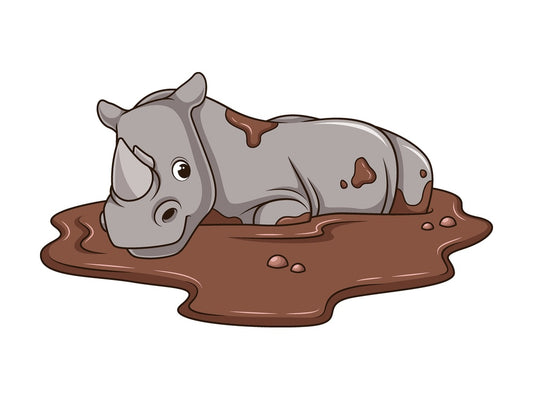 Cartoon white rhino lying in mud. PNG - JPG and vector EPS file formats (infinitely scalable). Image isolated on transparent background.
