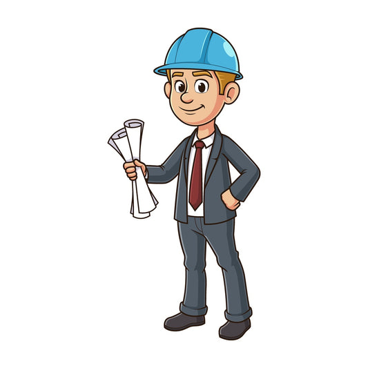 Cartoon architect holding construction plans. PNG - JPG and vector EPS file formats (infinitely scalable). Image isolated on transparent background.