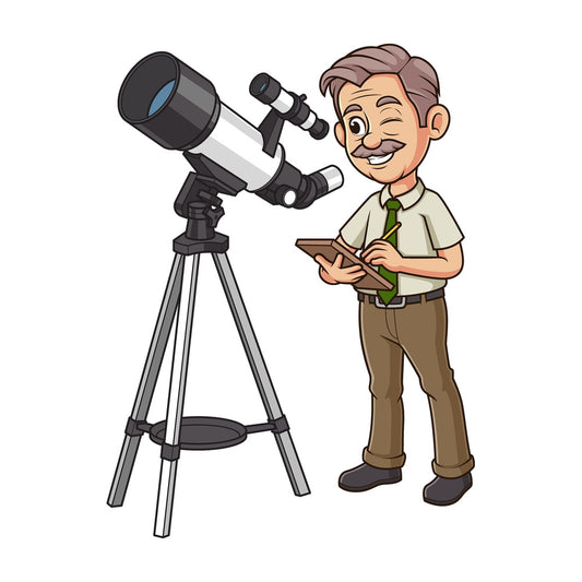 Cartoon astronomer looking into telescope. PNG - JPG and vector EPS file formats (infinitely scalable). Image isolated on transparent background.