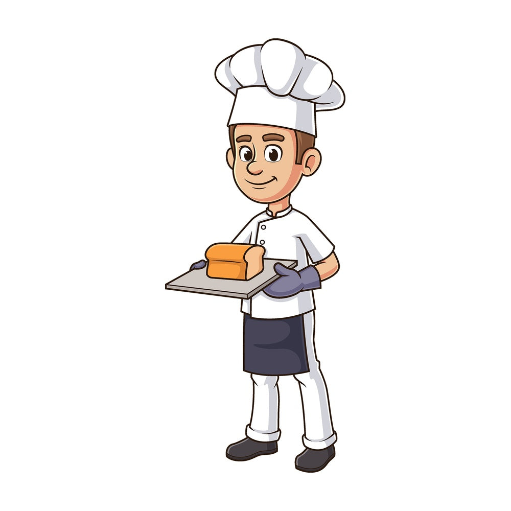 Cartoon baker holding bread loaves. PNG - JPG and vector EPS file formats (infinitely scalable). Image isolated on transparent background.