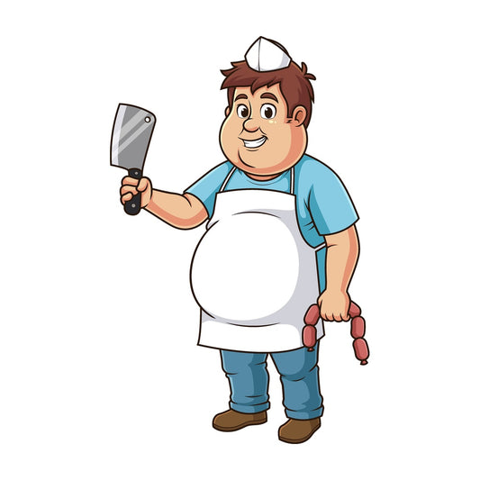Cartoon butcher holding sausages. PNG - JPG and vector EPS file formats (infinitely scalable). Image isolated on transparent background.