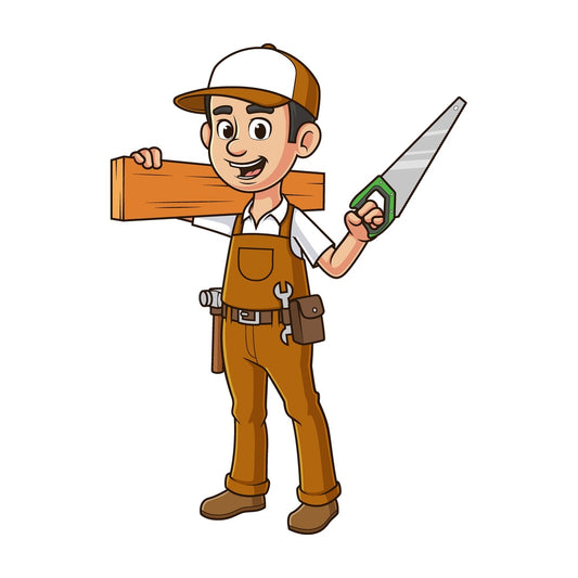 Cartoon carpenter holding handsaw. PNG - JPG and vector EPS file formats (infinitely scalable). Image isolated on transparent background.