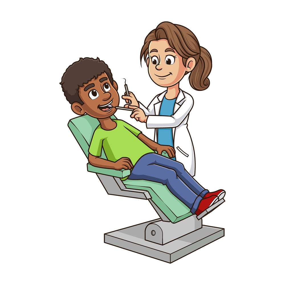 Cartoon dentist with her patient. PNG - JPG and vector EPS file formats (infinitely scalable). Image isolated on transparent background.