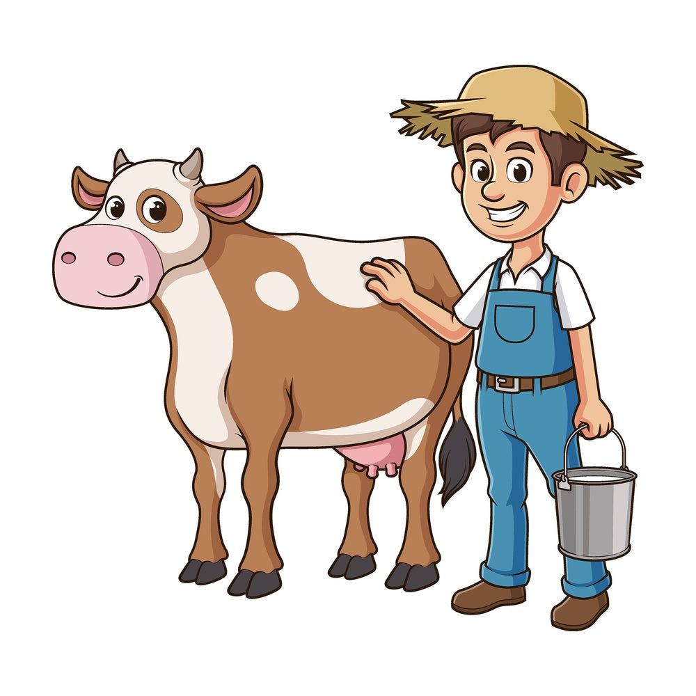 Cartoon farmer with his cow. PNG - JPG and vector EPS file formats (infinitely scalable). Image isolated on transparent background.