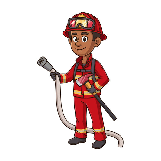 Cartoon firefighter holding water hose. PNG - JPG and vector EPS file formats (infinitely scalable). Image isolated on transparent background.