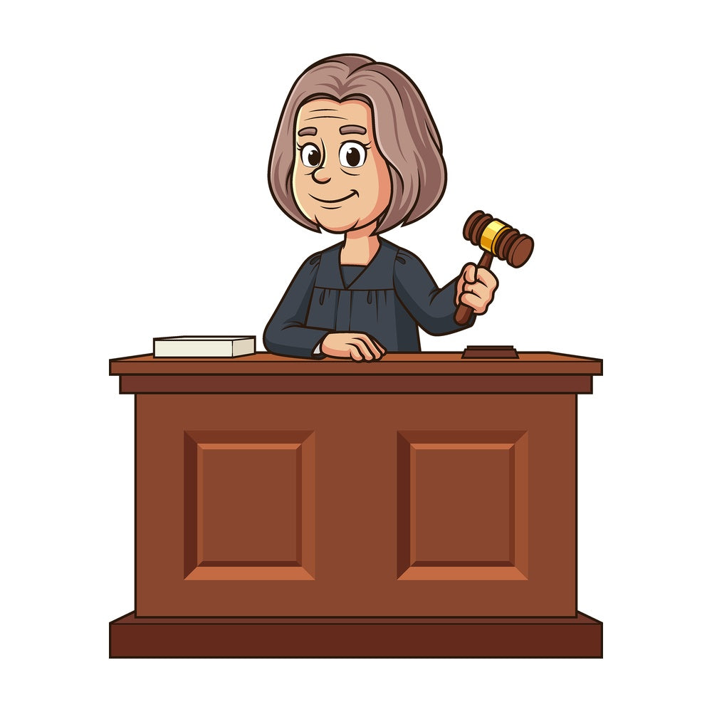 Cartoon judge holding gavel. PNG - JPG and vector EPS file formats (infinitely scalable). Image isolated on transparent background.