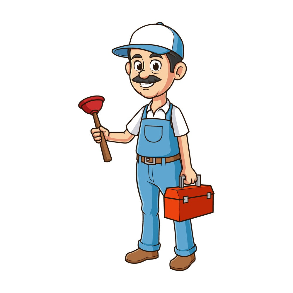 Cartoon plumber holding toilet plunger. PNG - JPG and vector EPS file formats (infinitely scalable). Image isolated on transparent background.