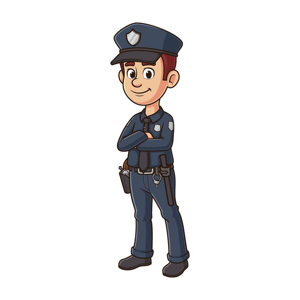 Cartoon police officer arms crossed. PNG - JPG and vector EPS file formats (infinitely scalable). Image isolated on transparent background.