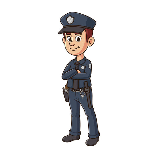 Cartoon police officer arms crossed. PNG - JPG and vector EPS file formats (infinitely scalable). Image isolated on transparent background.