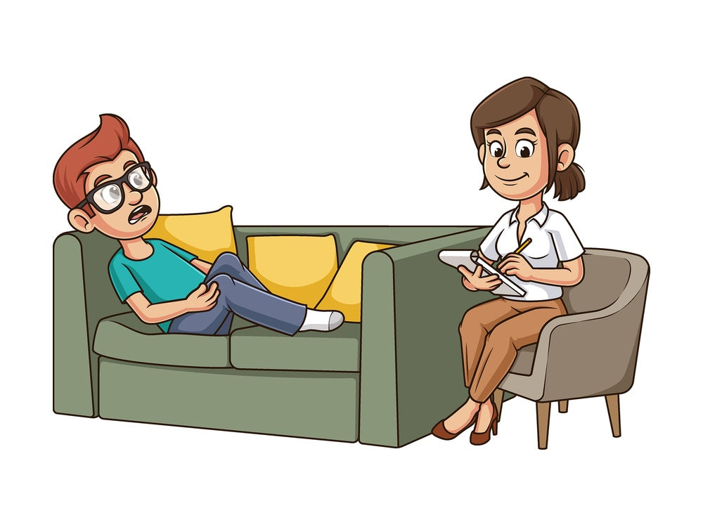 Cartoon psychiatrist with patient. PNG - JPG and vector EPS file formats (infinitely scalable). Image isolated on transparent background.