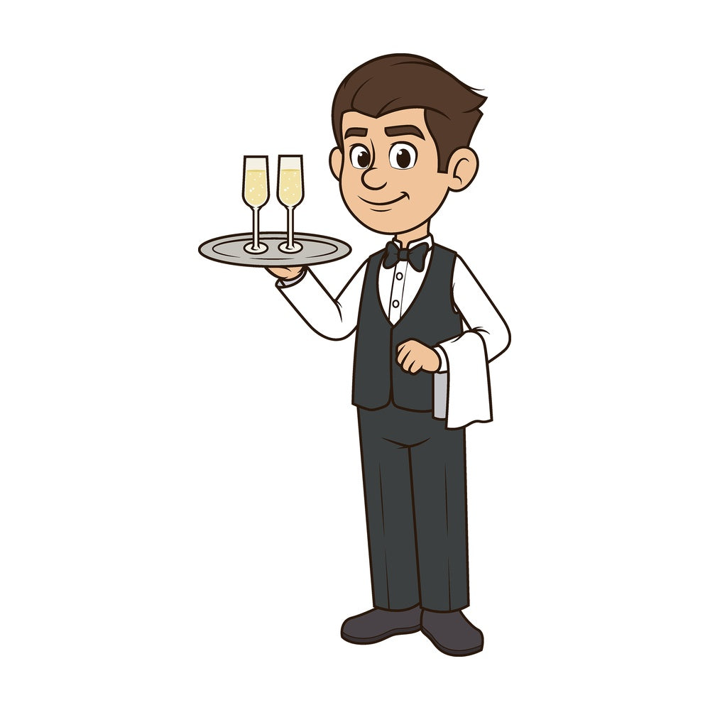 Cartoon waiter serving champagne. PNG - JPG and vector EPS file formats (infinitely scalable). Image isolated on transparent background.
