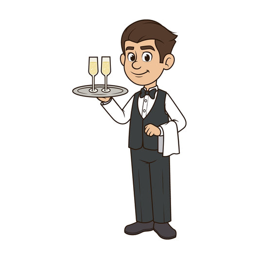 Cartoon waiter serving champagne. PNG - JPG and vector EPS file formats (infinitely scalable). Image isolated on transparent background.