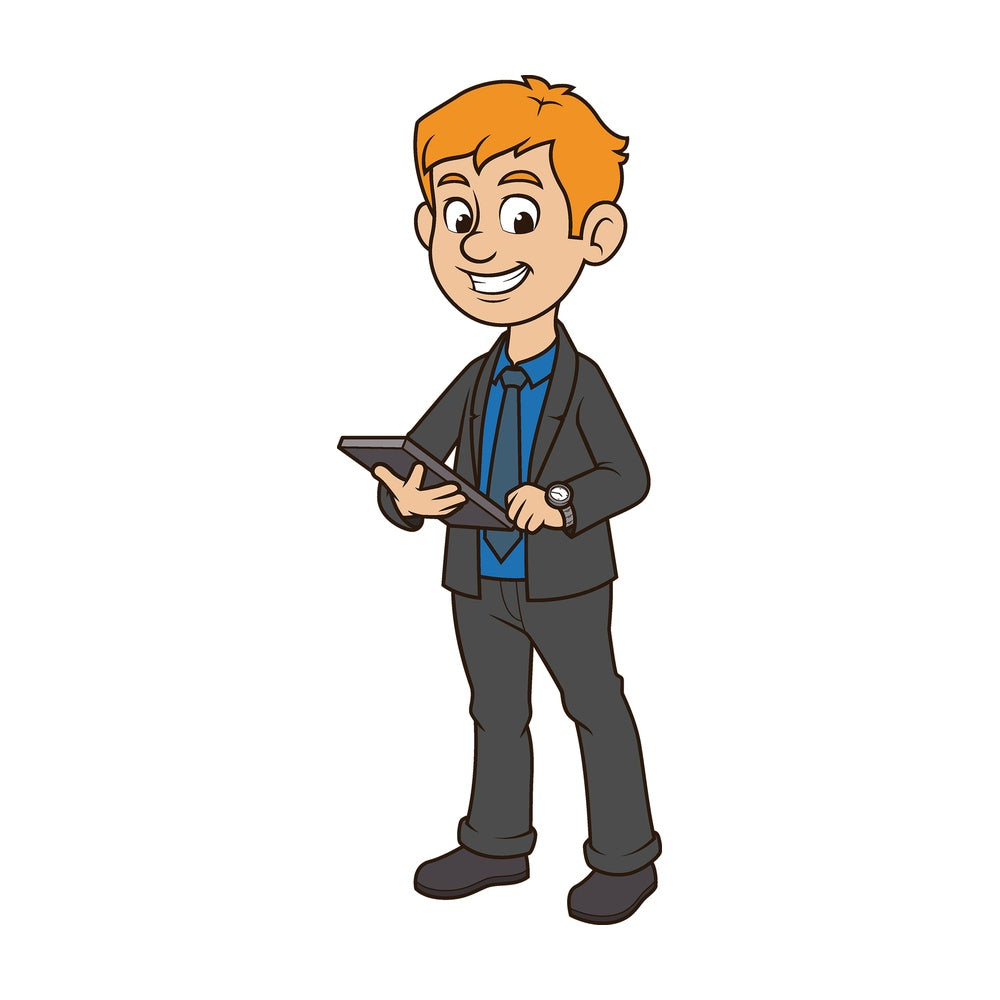 Cartoon business manager holding tablet. PNG - JPG and vector EPS file formats (infinitely scalable). Image isolated on transparent background.